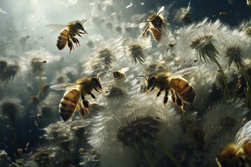 Fototapeta premium Bees dance among dandelions in a vibrant display of natures beauty and pollination magic captured in stunning detail. Generative AI