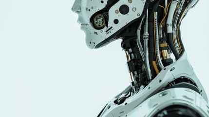A detailed close-up of a humanoid robot’s neck joint with high-precision gears and sensors, clean tech background, Modern style