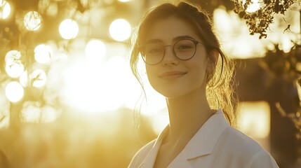 Confident doctor stands poised, radiating professionalism and trust in a glowing, soft-lit setting.