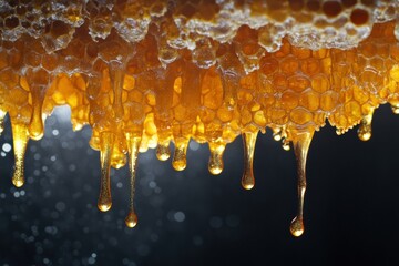 Golden honeycombs beautifully dripping honey create a sweet and enticing visual experience. Generative AI