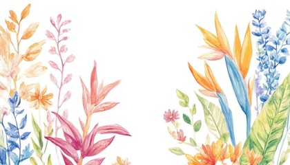 A vibrant watercolor illustration of tropical flowers and greenery framing a blank space for text