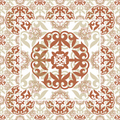 Ceramic tile pattern with floral ornaments. Kazakh national ornament. Ethnic pattern Turk, Mongol, Kyrgyz, Kazakh, Moroccan. For ceramic tile, Patchwork, border, sandblasting, ceramics