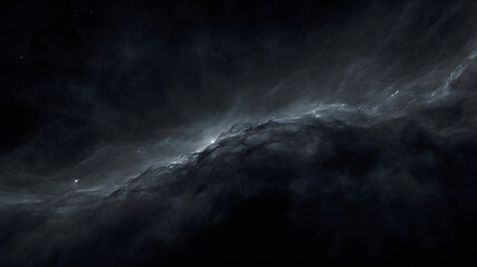 A deep black background with subtle wisps of smoky gray, illuminated by faint specks of light resembling distant stars, evoking a mysterious cosmic atmosphere.