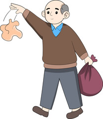 Cartoon Illustration of Man Littering with Trash Bag and Garbage