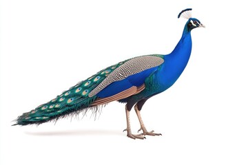 Obraz premium A vibrant peacock stands gracefully, showcasing its colorful plumage against a white backdrop