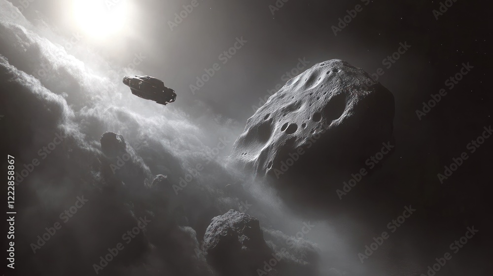 Poster spaceship navigating a nebulous asteroid field