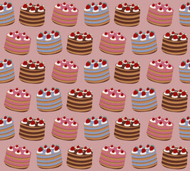 Flat-style seamless pattern featuring colorful cakes with strawberries and cherries. Perfect for bakery packaging, dessert-themed designs, textiles, gift wraps, and sweet creative projects.
