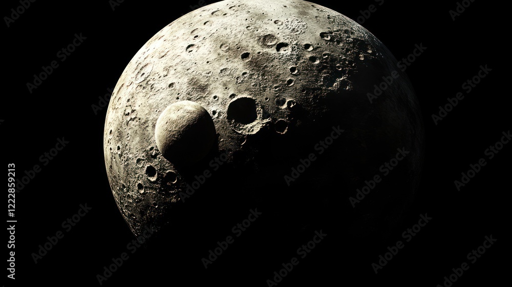 Poster a cratered moon with a smaller moon orbiting it