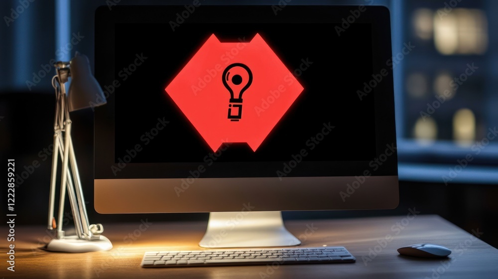 Poster red hexagon lightbulb icon on computer screen