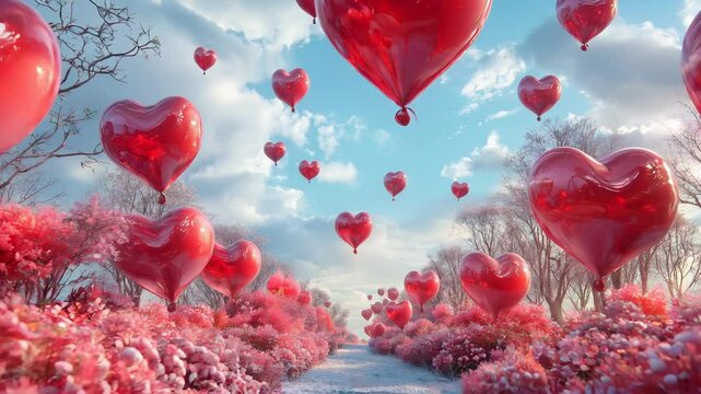 Red heart-shaped balloons floating over pink floral valley path