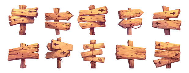 wooden signs set cartoon. pointer arrow, game navigation ancient vintage sign guide road way vector illustration