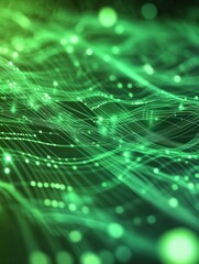 Obraz premium Abstract network of glowing lines and nodes over a green background, representing global connectivity and data flow.
