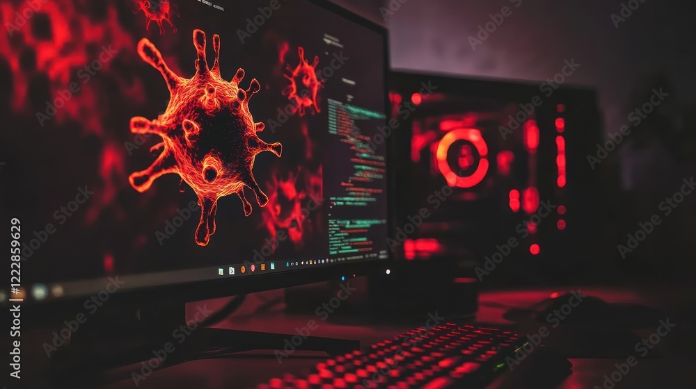 Poster computer screen displays virus and code