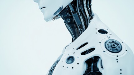 A detailed close-up of a humanoid robot’s neck joint with high-precision gears and sensors, clean tech background, Modern style