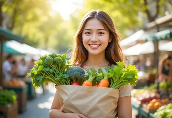 A Smiling woman holding a bag filled with fresh vegetables, including broccoli, carrots, and greens, at an outdoor farmers market.