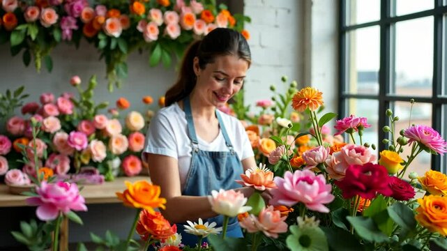smiling florist woman with flowers in bright flower shop, making bouquets, lush floral decor and natural light, professional and festive, Valentines Day, florists, flower shop, delivery.