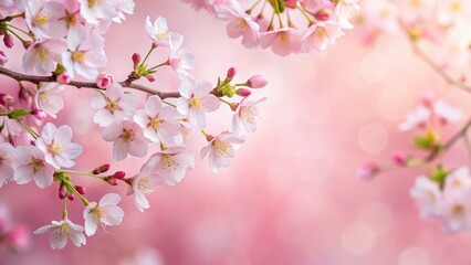delicate cherry blossoms in full bloom against a soft pastel pink paper background , floral arrangement, spring flowers