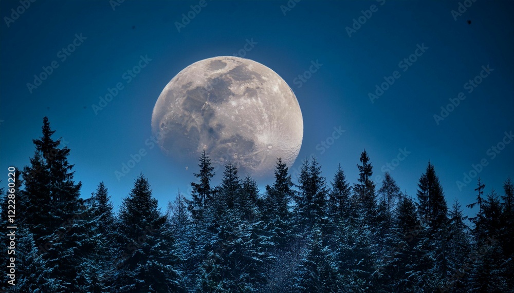 Poster a moon is shining in the sky above a forest the moon is large and bright illuminating the dark woods