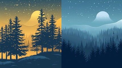 Fototapeta premium Breathtaking Night and Morning Landscapes with Silhouettes of Fir Trees