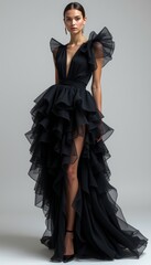 Model in dramatic black ruffled evening dress