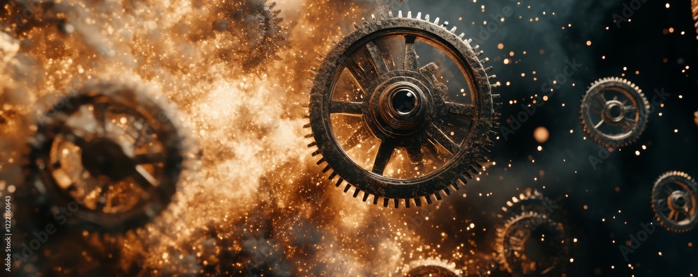 Poster mechanical gears floating through an explosion of sparks and dust in a dramatic setting