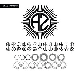 Monogram circle alphabet. Round geometric font for logos with a set of frames.