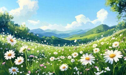 Fototapeta premium Meadow with lots of white and pink spring daisy flowers in sunny day