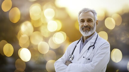 Confident doctor stands poised, radiating professionalism and trust in a glowing, soft-lit setting.