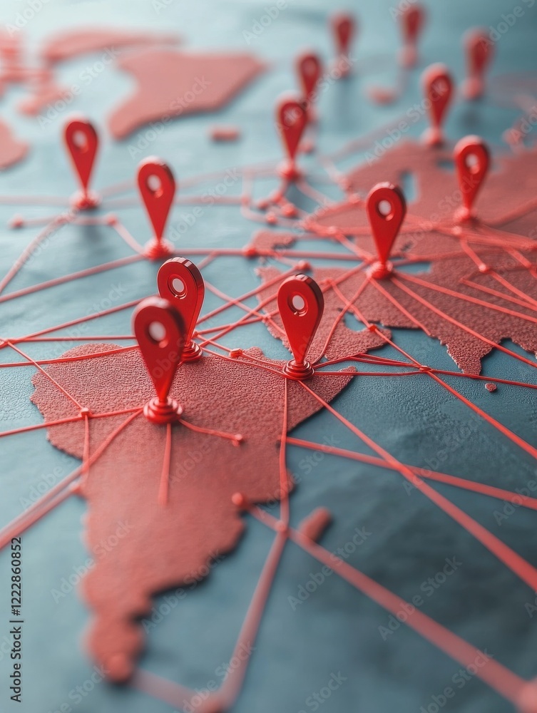Poster world map with red location pins connected by lines, representing global connections.