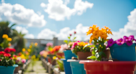 Fototapeta premium Colorful Flower Pots in Vibrant Garden Under Bright Blue Sky with Fluffy Clouds 