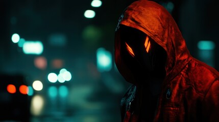 Masked Figure In Red Hoodie Stands In City Night