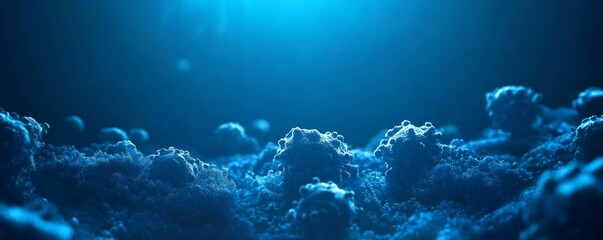 Fototapeta premium Microscopic perspective of viruses in blue, sleek banner background with clear space for informational text