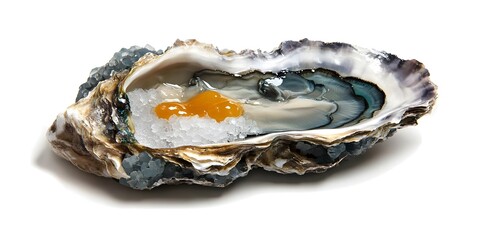 A fresh oyster on ice with a bright orange roe, emphasizing culinary presentation.