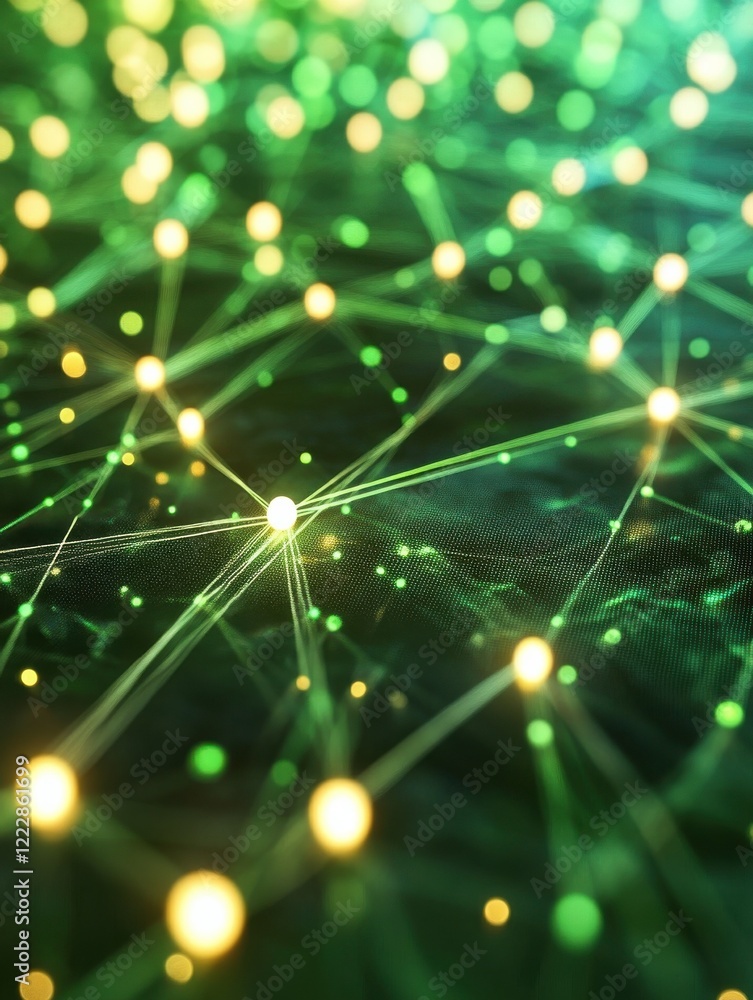 Poster abstract network of glowing lines and nodes over a green background, representing global connectivit