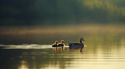 Duckling Family Swimming Calmly at Dawn