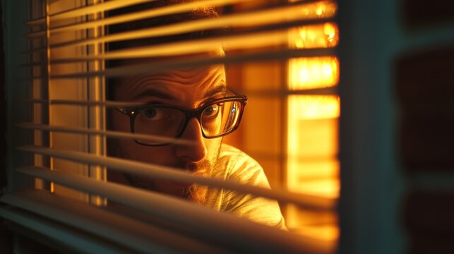 Man Peering Through Window Blinds At Night