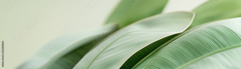 Poster lush and oversized banana leaves in vibrant green tones overlap gracefully with soft gradient backgr