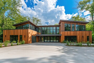 Modern architectural design of a spacious wooden house surrounded by lush greenery under a bright blue sky with scattered clouds in midday light