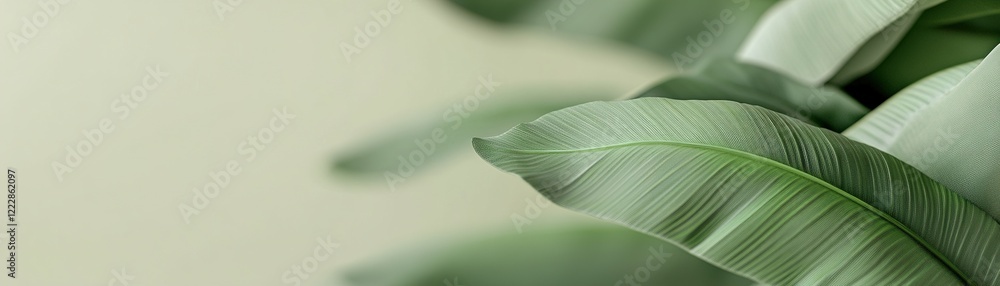 Poster vibrant green banana leaves gently overlap in a rich display, complemented by a soft gradient backgr