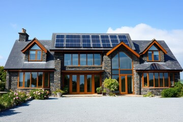 Modern stone house with solar panels situated in a serene rural setting, showcasing large windows, lush landscaping, and a sunny sky