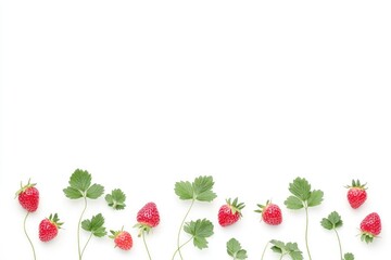 Fresh strawberries with vibrant green leaves arranged on a white background, ideal for food-related designs