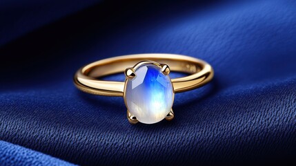 Moonstone Ring: A captivating ring showcasing a shimmering moonstone gemstone, nestled in a delicate gold band. The captivating blue and iridescent hues of the moonstone are beautifully displayed.
