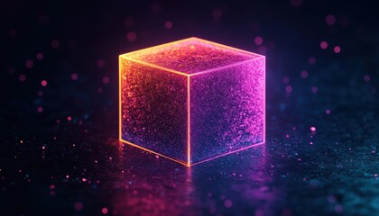 A glowing 3D cube with shifting holographic patterns on its surface, surrounded by a dark void with scattered light particles