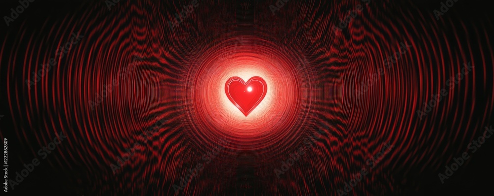 Poster minimalistic red heartbeat pattern with a glowing heart at its center on a black background, abstrac