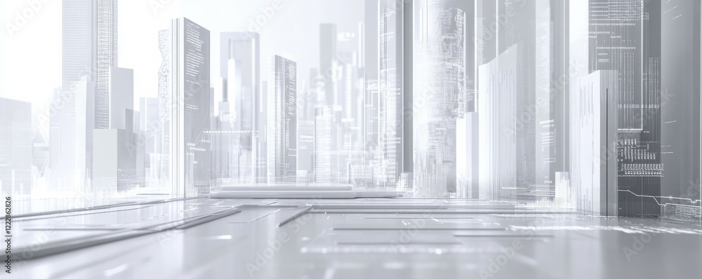 Poster minimalistic white-on-white futuristic background featuring digital graphs, investment charts, and c