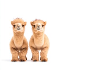 Two adorable baby camels standing side by side against a plain white background, showcasing their fluffy coats