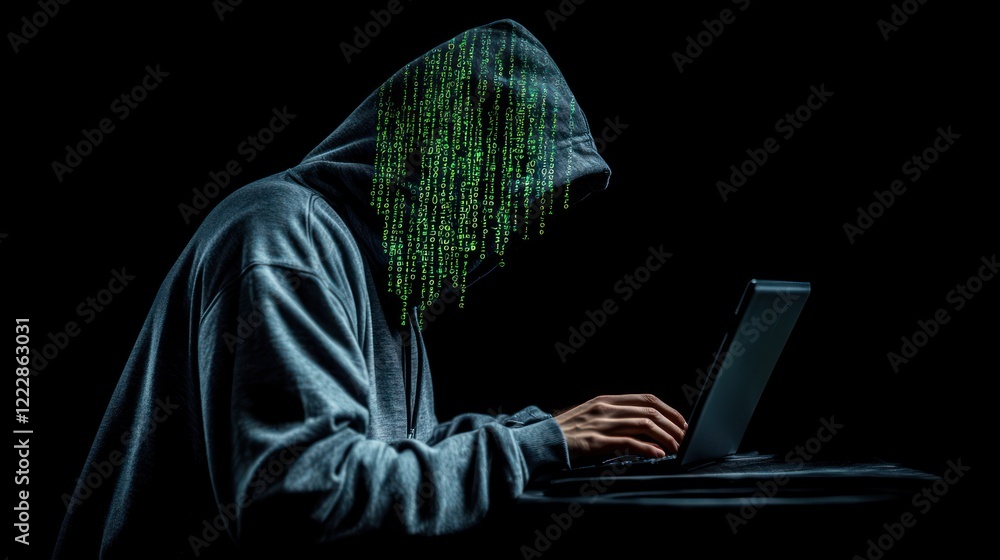 Poster hooded hacker working on laptop with green code