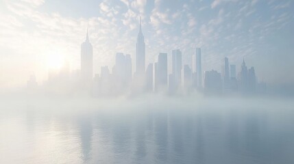 Obraz premium Urban skyline shrouded in smog, hazy atmosphere, 3D illustration. 