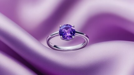 Amethyst Ring on Purple Silk: A captivating image showcasing a stunning amethyst ring nestled on luxurious purple silk. The vibrant purple of the gemstone complements the rich fabric.