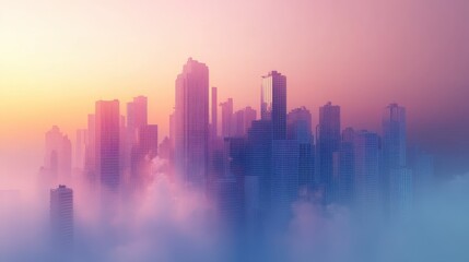 Urban skyline shrouded in smog, hazy atmosphere, 3D illustration. 